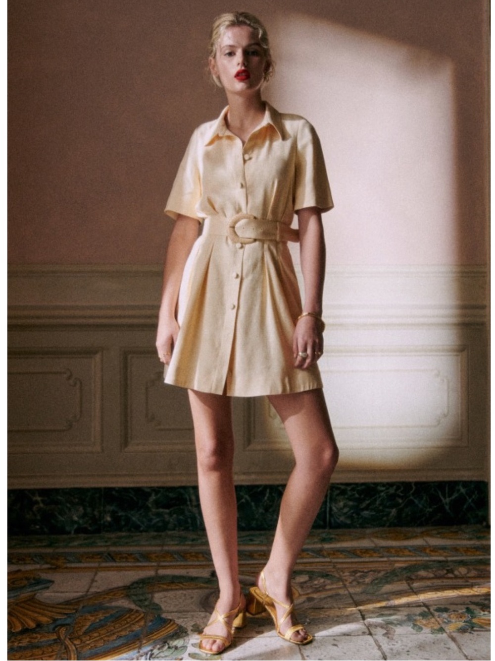 SEZANE Buttercream Ecru Linen Button Down Belted Mini Shirt Dress Gemma Dress - Picture 4 of 16